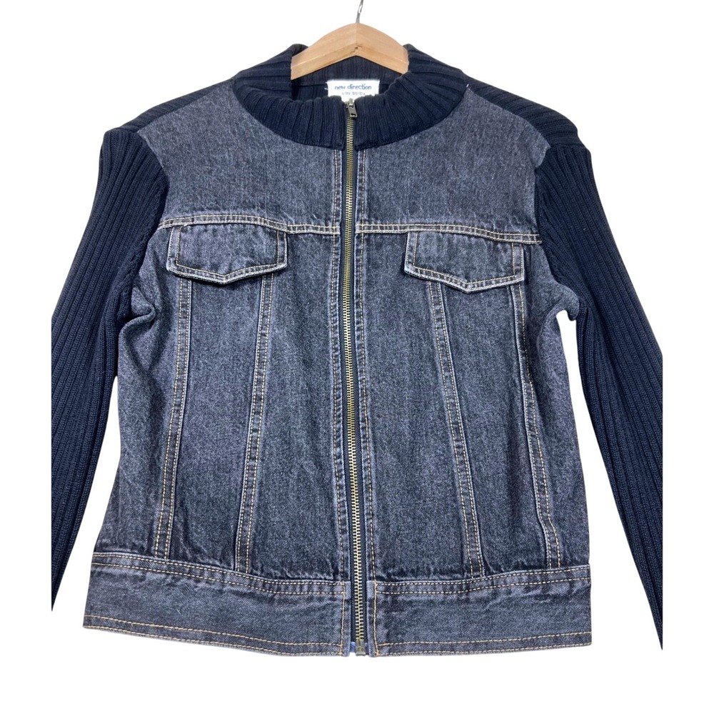 New Direction Mixed Media Denim Ribbed Knit Zip Up Jacket Womens Large Dark Wash